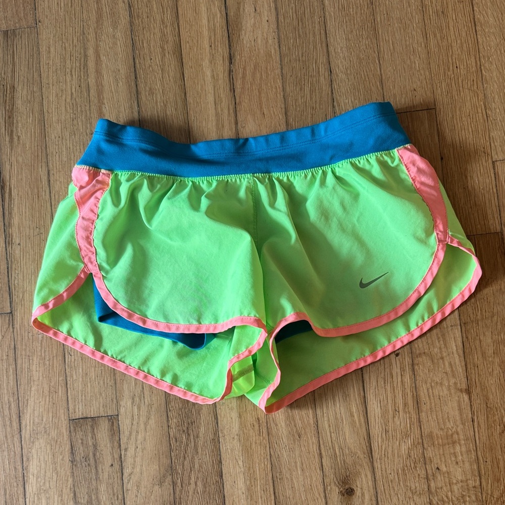 Nike DRI-FIT Neon Green & Pink Trim Running Shorts with Blue Waistband, Size XS